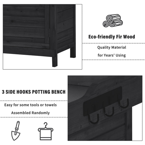 English Elm TOPMAX Rustic Fir Wood Potting Bench 39" with Galvanized Top, 2-Tier Shelves & Side Hooks, Black - Durable Garden Workstation N717P220218B