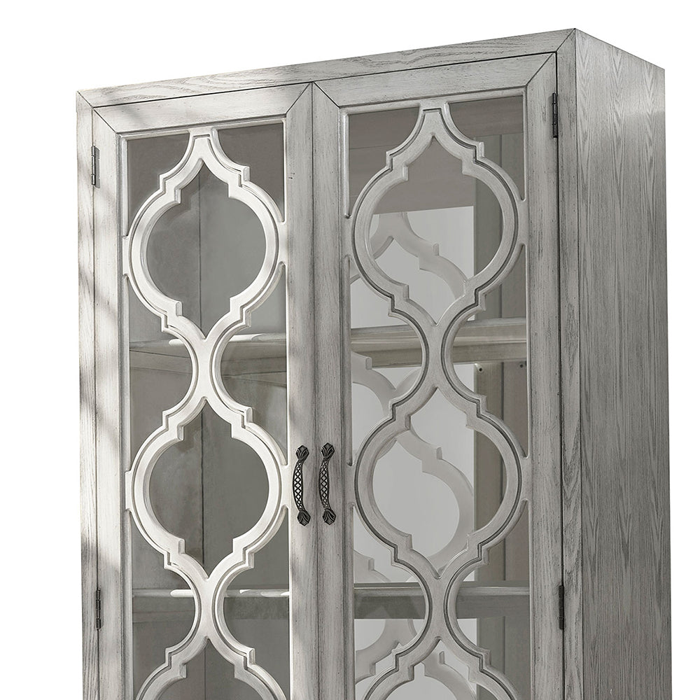 English Elm Leslie Distressed Antique White 2-Door Cabinet with Lattice Doors, Mirrored Interior & 4 Shelves B062P353476