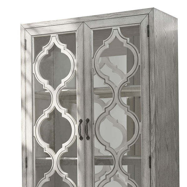 English Elm Leslie Distressed Antique White 2-Door Cabinet with Lattice Doors, Mirrored Interior & 4 Shelves B062P353476