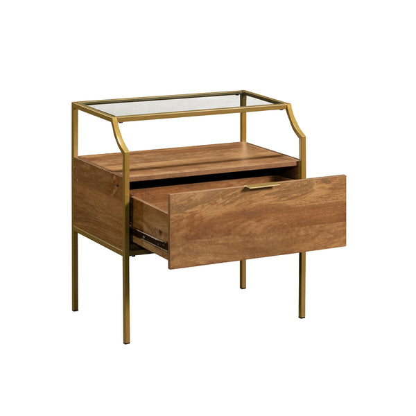 English Elm Night Stand - Contemporary Brown Finish With Metal Frame, Glass Top & Versatile Storage Solutions B356P402578