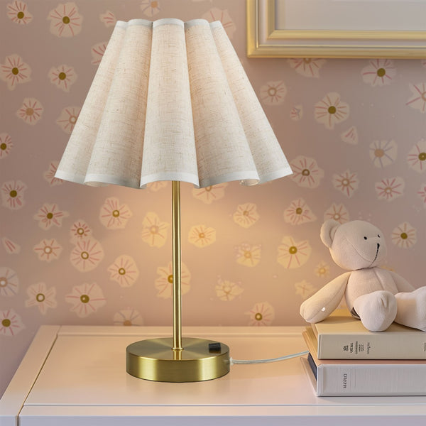 English Elm Tap-Control Gold Accent Table Lamp with Dimmable Touch, Built-In Power Outlet, Iron Body, Shade B035P264514