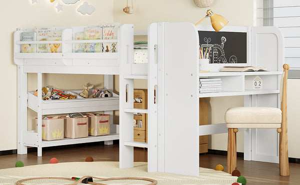 English Elm Twin Low Loft Bed Solid Pine Frame Kids Study Desk Blackboard Storage White W1580S00297