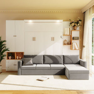 English Elm Queen Murphy Wall Bed with Velvet Sofa Built in Shelves Cabinets and Reading Lights White LP000393AAK