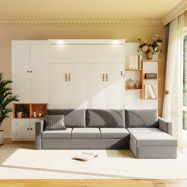 English Elm Queen Murphy Wall Bed with Velvet Sofa Built in Shelves Cabinets and Reading Lights White LP000393AAK