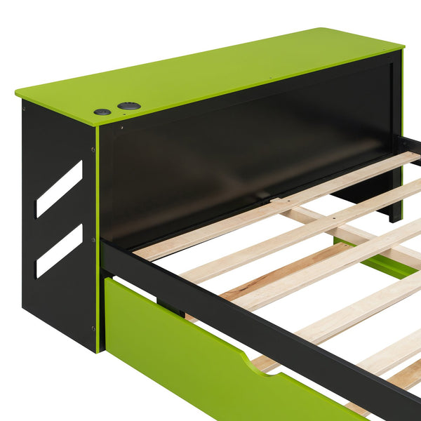 English Elm Full Size Wood Daybed with Twin Trundle Desk and Usb Charging for Teen Rooms Green LT000262AAG