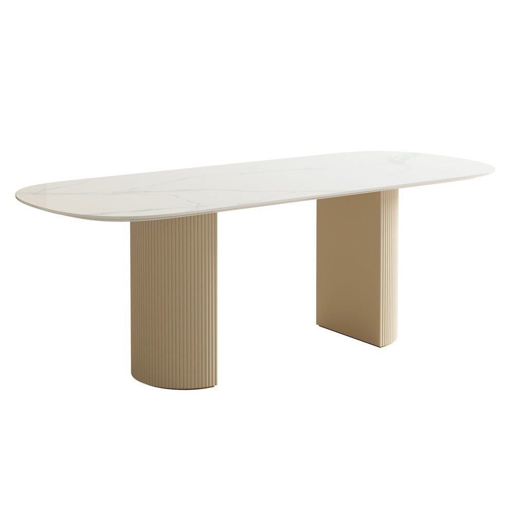 English Elm Carbon Steel Dining Table with Stone Top and Matte Black Frame for Modern Rooms W1002S00010