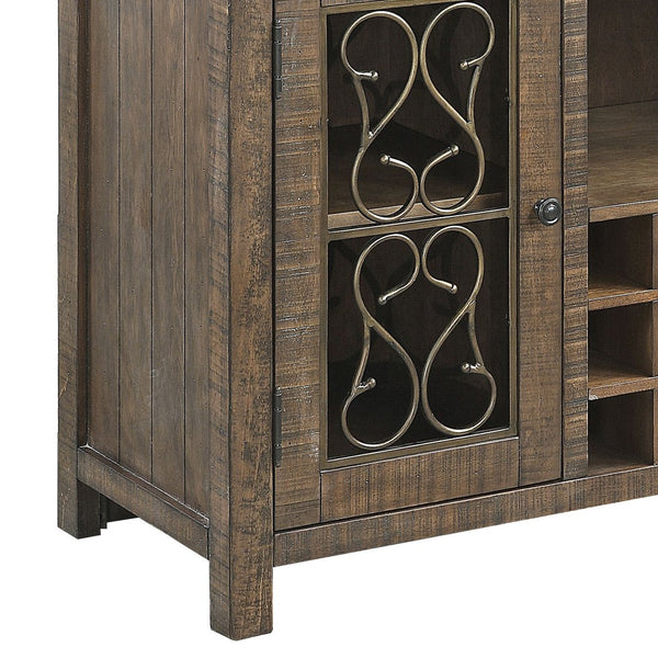 English Elm Raphaela Weathered Cherry Server with 15-Bottle Wine Rack, 4-Cup Holder, Drawers & Shelves - Rustic Elegance B2726P256328