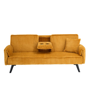 English Elm Minimalist Corduroy Reclining Sofa with Convertible Flat Sleeper and Cup Holder Orange W3356P421778