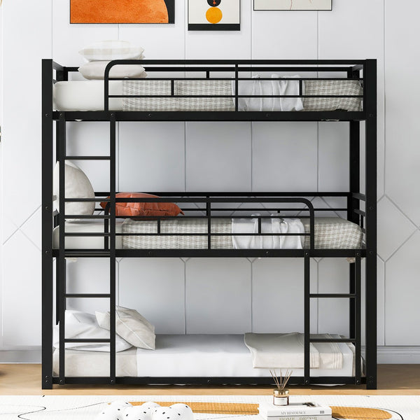 English Elm Metal Triple Bunk Bed Steel Frame Twin Three Tier Guardrails for Shared Rooms Black GX000230AAB