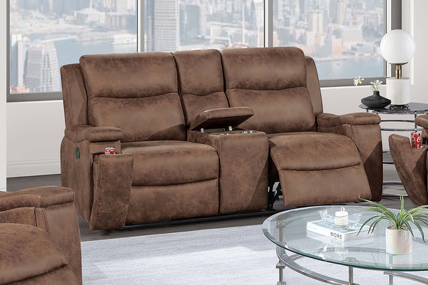 English Elm Modern Reclining Sofa Set with Faux Leather Upholstery Walnut Legs and Cup Holders B011S02421