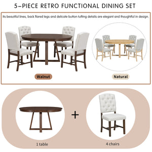English Elm Trexm Retro 5 Piece Extendable Round Dining Set with Button Tufted Upholstered Chairs Walnut ST000094AAD-2026