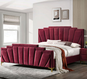 English Elm Glam Plush Flannelette Queen Bed with Shell Tufting and Padded Headboard on Metal Legs for Style Gold,Red 84 L x 26 W x 5 H B2741S00335