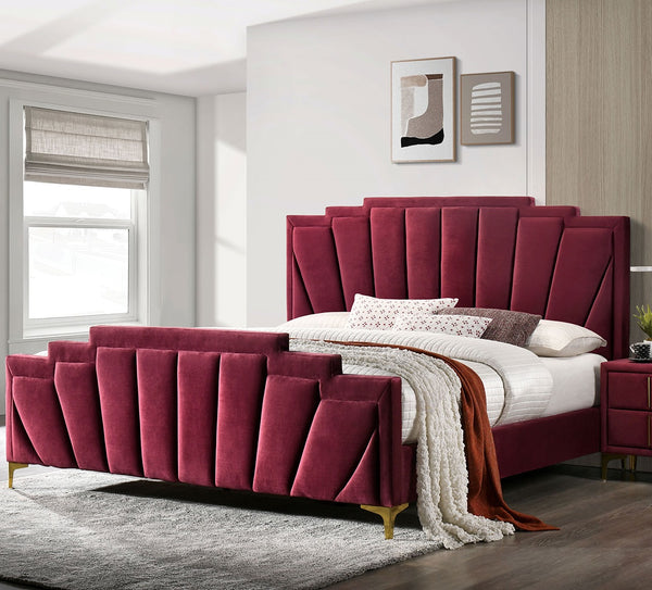 English Elm Glam Plush Flannelette Queen Bed with Shell Tufting and Padded Headboard on Metal Legs for Style Gold,Red 84 L x 26 W x 5 H B2741S00335
