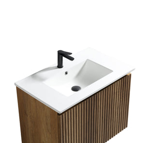 English Elm 30 Inch Floating Bathroom Vanity Fluted Wood Grain Front with Ceramic Integrated Sink Golden Oak W3520S00030