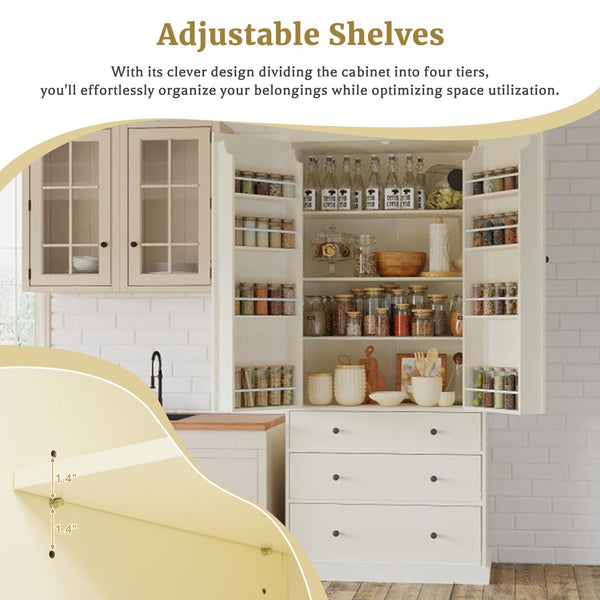 English Elm [Assembly 77in Farmhouse Kitchen Pantry Tall Freestanding Storage Cabinet with 3 Adjustable Shelves, 8 Door Shelves, 3 Drawers, Durable MDF Cream SP000047AAA