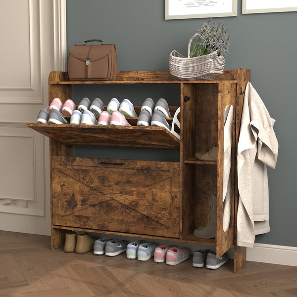English Elm Shoe Storage Cabinet with Mirror & 2 Flip Drawers, Narrow Freestanding Organizer with Metal Legs for Entryway, Rustic Brown W2129P299615