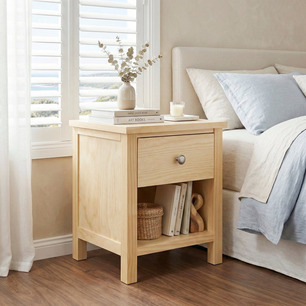 English Elm 1-drawer Nightstand Open Cubby Natural Pine Wood Bedside Table for Farmhouse Bedroom B011P473067