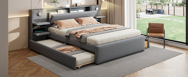 English Elm Queen Linen Upholstered Platform Bed with Storage Drawers, Trundle, Flip-Up Headboard & Lights Gray SF000187AAE