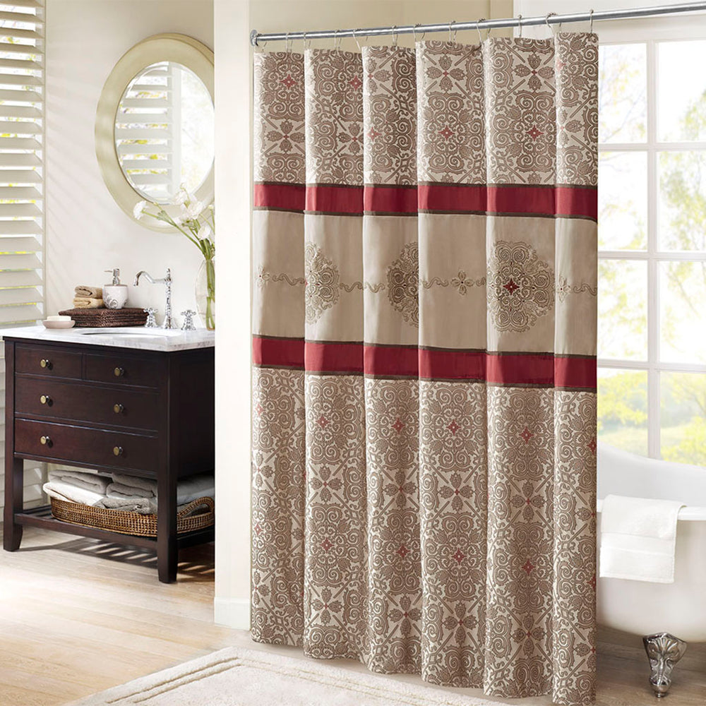 JLA Home Madison Park - Embroidered Jacquard Shower Curtain with Medallion Motif, Color-Blocked Texture & Rust-Resistant Grommets Red MP70-4047