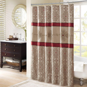 JLA Home Madison Park - Embroidered Jacquard Shower Curtain with Medallion Motif, Color-Blocked Texture & Rust-Resistant Grommets Red MP70-4047