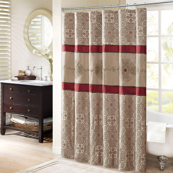 JLA Home Madison Park - Embroidered Jacquard Shower Curtain with Medallion Motif, Color-Blocked Texture & Rust-Resistant Grommets Red MP70-4047