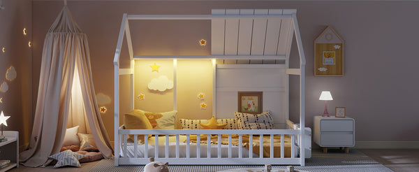 English Elm Twin House Frame Floor Bed Pinewood Build with Led Roofline Kids Bedroom White W697P435880
