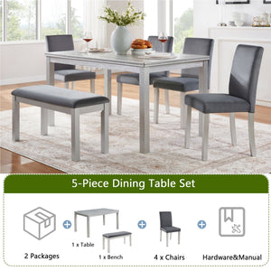 English Elm 6 Piece Wooden Dining Set With Upholstered Chairs And Bench – Elegant Silver Grey Table For 6 W1998S00067
