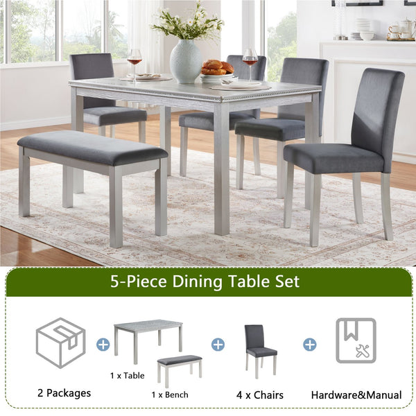 English Elm 6 Piece Wooden Dining Set With Upholstered Chairs And Bench – Elegant Silver Grey Table For 6 W1998S00067