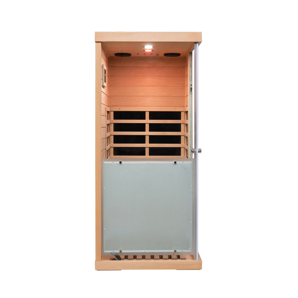 English Elm Large Hemlock Wood Infrared Sauna with Glass Front Bluetooth Audio and Red Light Therapy W2611P204516