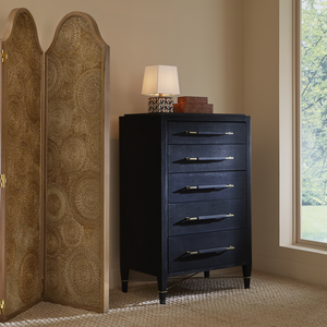 Verona Black Five-Drawer Chest with Champagne Metal Accents - Stylish Lacquered Linen Storage Solution