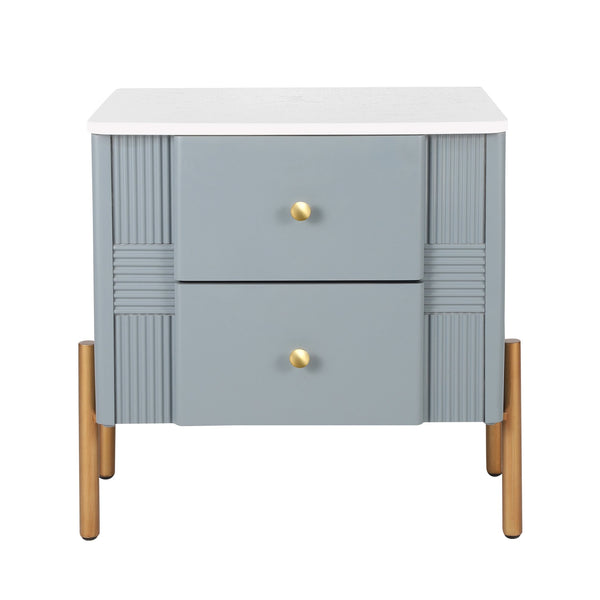 English Elm Christopher Knight Home® - Modern Fluted Nightstand with Two Drawers and Gold Legs, Sleek Textured Bedside Table for Stylish Storage and Easy Cleaning Blue 23 L x 18 W x 18 H N761P285710C