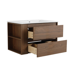 English Elm 30" Wall Mount Bathroom Vanity With Ceramic Sink & Soft-Close Drawers For Modern Storage Solutions W999S00207