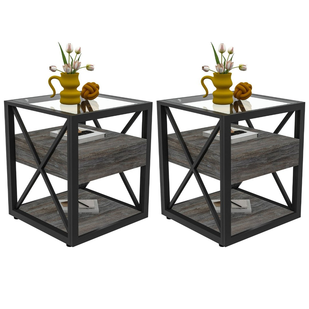 English Elm Set Of 2 Modern End Tables With Drawer - Rustic Industrial Side Tables For Bedroom & Living Room Storage W241P246927-GIGA