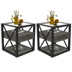English Elm Set Of 2 Modern End Tables With Drawer - Rustic Industrial Side Tables For Bedroom & Living Room Storage W241P246927-GIGA