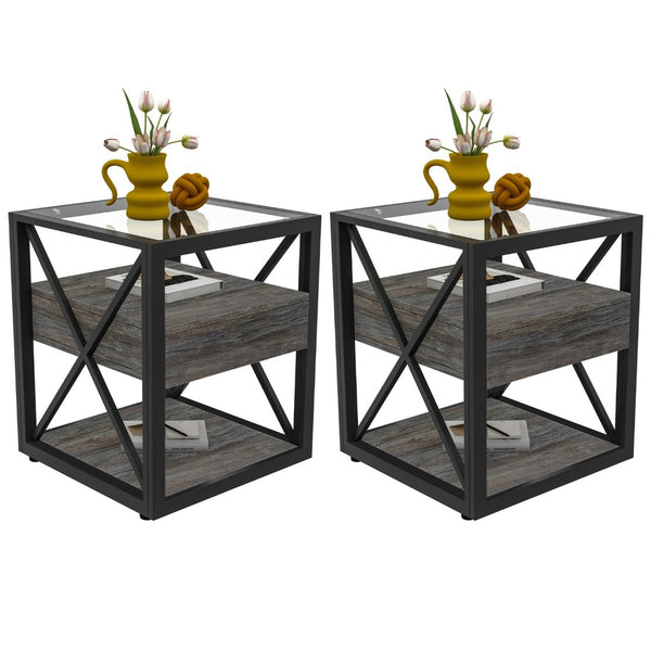 English Elm Set Of 2 Modern End Tables With Drawer - Rustic Industrial Side Tables For Bedroom & Living Room Storage W241P246927-GIGA