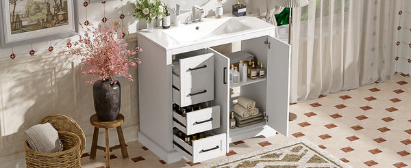 English Elm 36" Modern Bathroom Vanity with Ceramic Sink, Soft-Close Doors, 3 Drawers & Ample Storage for Small Baths White N729P280194K