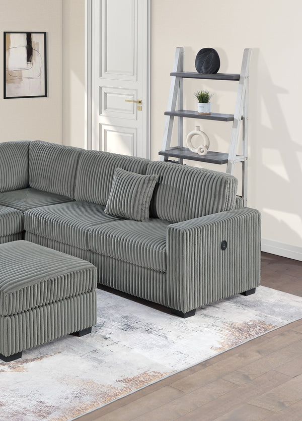 English Elm Living L-Shaped Sectional Sofa Set with Reversible Chaise, Tufted Burlap Fabric, Storage Ottoman, USB Port Smoke 40 L x 26 W x 58 H B011S01782