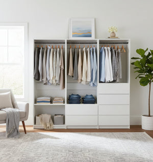 English Elm Prosper White Freestanding Walk-In Wood Closet System with Oak Finish, Modular Storage, Easy Assembly, Durable Construction B040S00140