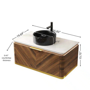 English Elm Dina Floating Bathroom Vanity Sintered Stone Top Glass Basin Striped Plywood Cabinet W2615S00575