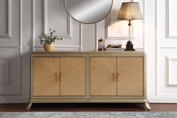 English Elm Dodie Champagne & Natural Oak Sunburst Console Cabinet with Art Deco Hardware, Cord Management B2726P285785