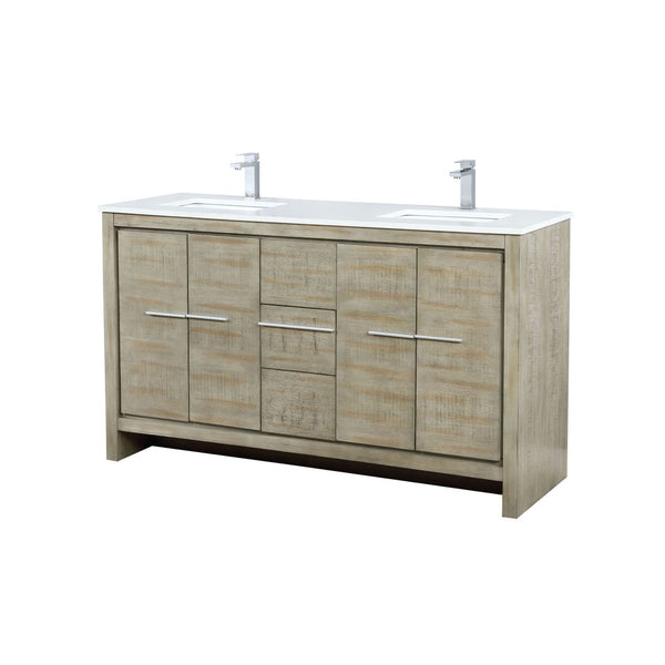 English Elm Rustic Acacia Double Bath Vanity 60" W With White Quartz Top & Chrome Faucet, Ample Storage Options B2731P259211-GIGA