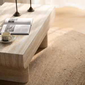 English Elm Coffee Table Mid Century Modern Oval with Faux Marble Top, Fluted Hidden Drawer, Small Space Friendly W3040P382310