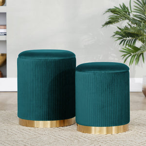 English Elm Nesting Pleated Velvet Ottoman Pair with Polished Gold Base Glam Living Room Accent B202P471499