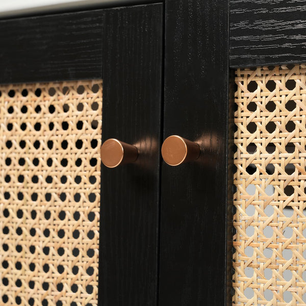English Elm 30-inch bathroom vanity with handwoven rattan doors, ceramic sink, soft-close hinges, black bamboo elegance N729P285517B