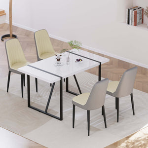English Elm 55 Inch Industrial Dining Set White Mdf Table Matte Black Legs Four Padded Pu Chairs Beige+Grey,White W2189S00852