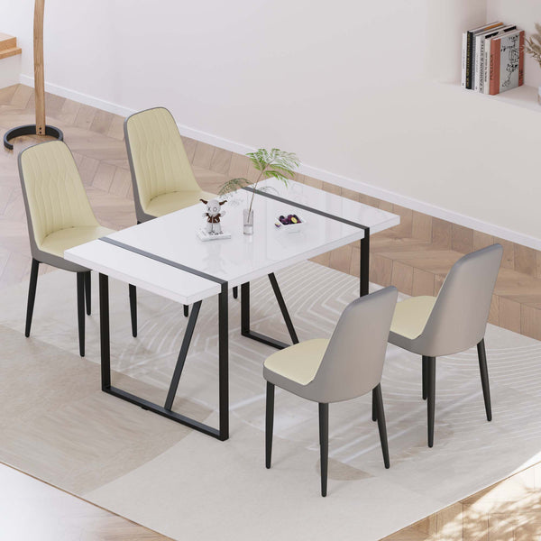 English Elm 55 Inch Industrial Dining Set White Mdf Table Matte Black Legs Four Padded Pu Chairs Beige+Grey,White W2189S00852