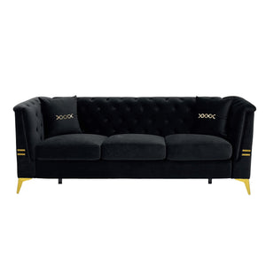 English Elm FX-P83-2PC Velvet Sofa Set of 2 with Tufted Cushions and Gold-Tone Metal Legs for Luxe Comfort Black W576S00239