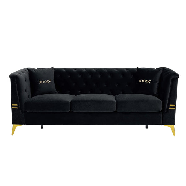 English Elm FX-P83-2PC Velvet Sofa Set of 2 with Tufted Cushions and Gold-Tone Metal Legs for Luxe Comfort Black W576S00239