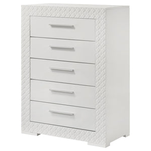 English Elm Pierce Five Drawer Chest with Diamond Emboss Texture and Sleek Contemporary Bedroom Storage Gloss White B062P447671