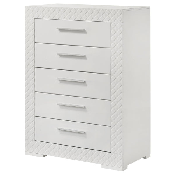 English Elm Pierce Five Drawer Chest with Diamond Emboss Texture and Sleek Contemporary Bedroom Storage Gloss White B062P447671